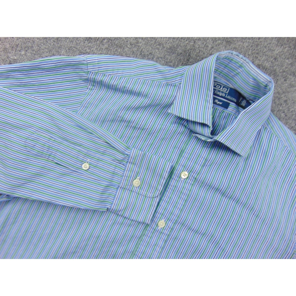 Polo‎ Ralph Lauren Regent Dress Shirt Mens 15x38 Blue Green Stripe Button Down
